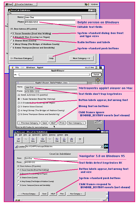 Screen photos of
                  Java bugs.